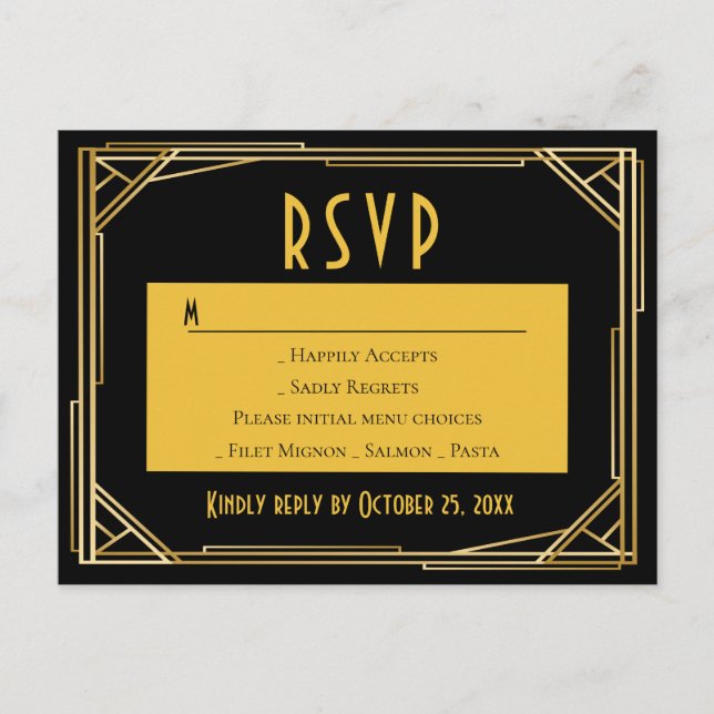 Postal De Invitación Art Deco Oro Negro RSVP Gran Gatsby Boda (Anverso)