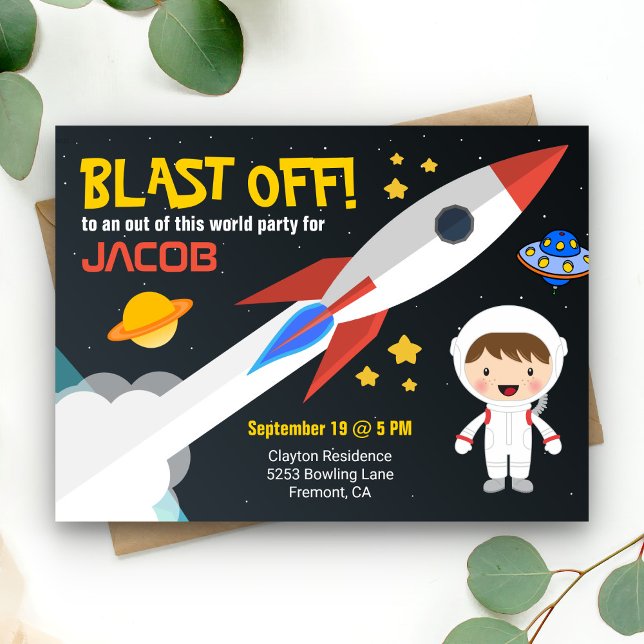 Postal De Invitación Astronauta Cute Boys en el espacio exterior Fiesta (Subido por el creador)