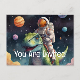 Postal De Invitación Astronauta sobre Dino en el espacio