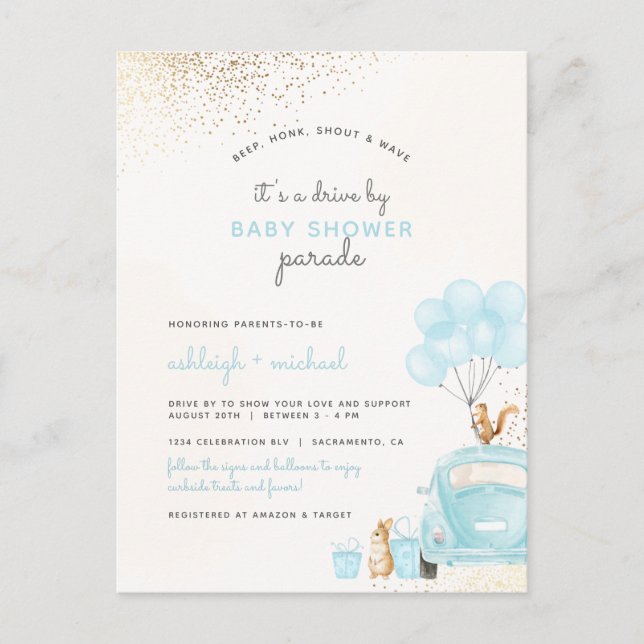 Postal De Invitación Auto Pastel Blue Balloons Auto De Boy Baby Shower (Anverso)
