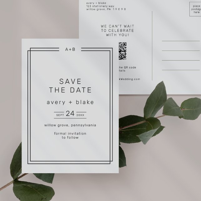 Postal De Invitación AVERY Boda blanca y negra moderna salva la fecha (AVERY Modern Black and White Wedding Save the Date Invitation Postcard)