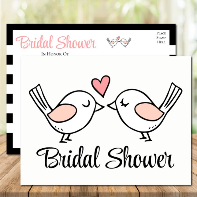 Postal De Invitación Aves amorosas tuyas negras rosadas duchas de novia (Subido por el creador)
