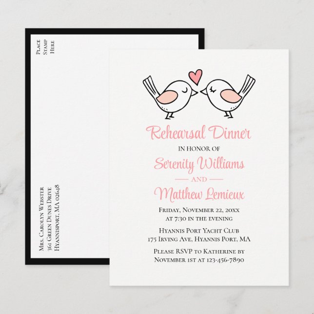 Postal De Invitación Aves de amor Pink Black Lovebirds Ensayo Cena (Anverso / Reverso)