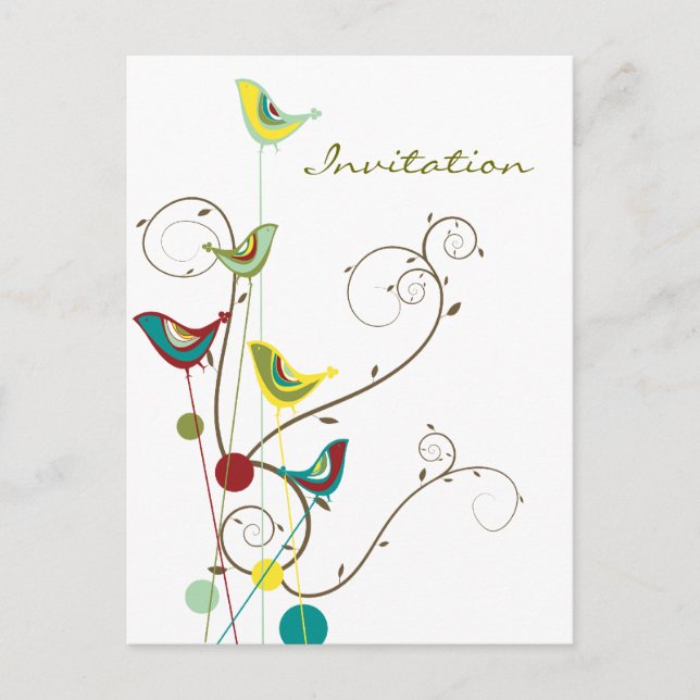 Postal De Invitación Aves de verano extravagantes mueven vides de natur (Anverso)