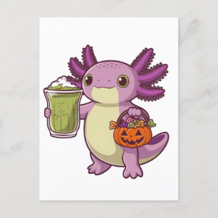 Postal De Invitación Axolotl sosteniendo la cesta de Halloween y Matcha