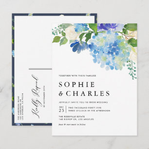 Postal De Invitación Azul acuarela Hydrangea Boda floral invernal
