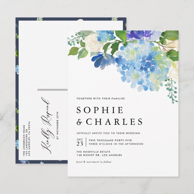 Postal De Invitación Azul acuarela Hydrangea Boda floral invernal (Anverso / Reverso)