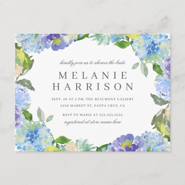 Postal De Invitación Azul acuarela Hydrangea Wreath Ducha de novia (Anverso)