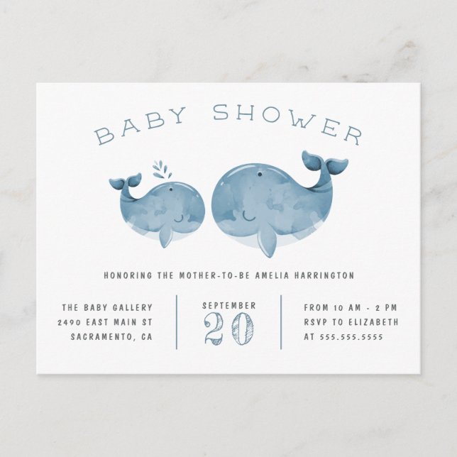 Postal De Invitación Azul acuarela Whale Baby Shower Nautical (Anverso)