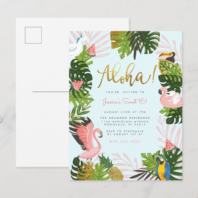 Postal De Invitación Azul | Aloha Hawaii Tropical Gold Birday Party (Anverso / Reverso)