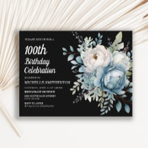 Azul Blanco Floral Cumpleaños 100 de Mujer