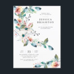 Postal De Invitación Azul claro y rosa Rubor | Fiesta de cumpleaños mod<br><div class="desc">Envía un mensaje escrito a mano a tus invitados con esta postal especial de cumpleaños floral. Este diseño presenta un singular ramo floral de acuarela pintado a mano con hermosas hojas y adorables flores blancas y rosas. La tipografía de invitación se divide en dos partes por la disposición floral y...</div>