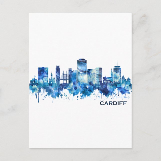 Postal De Invitación Azul del Skyline de Cardiff Gales (Anverso)