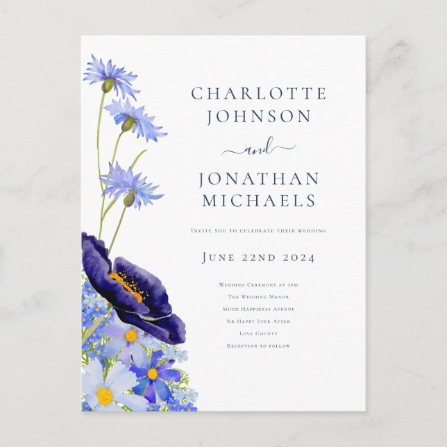 Postal De Invitación Azul floral de verano elegante (Anverso)