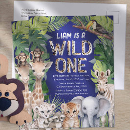Postal De Invitación Azul marino Wild, animales de la jungla primer cum