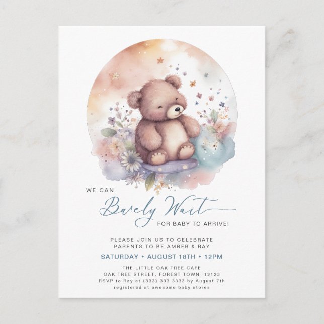 Postal De Invitación Azul Podemos Esperar A Bear Boy Baby Shower (Anverso)