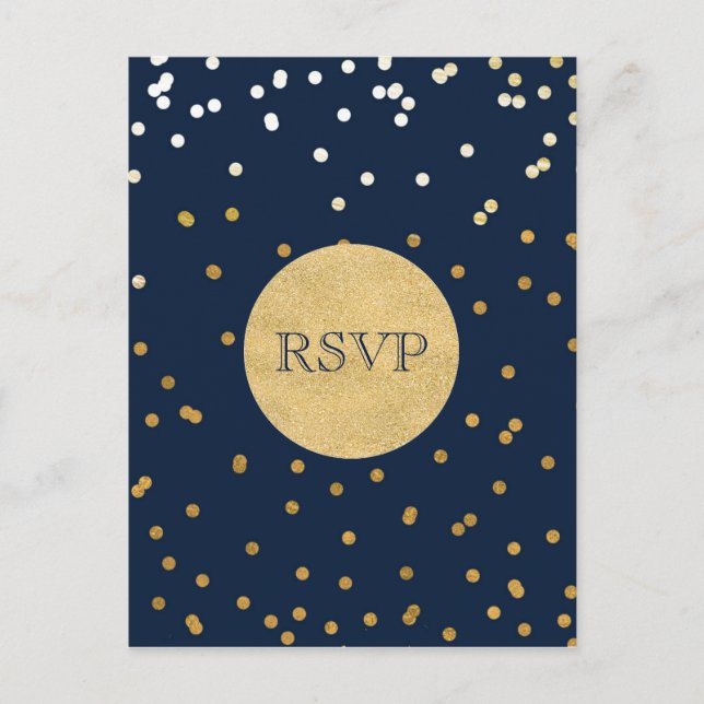 Postal De Invitación Azul y dorado confeti brillante puntos chic modern (Anverso)