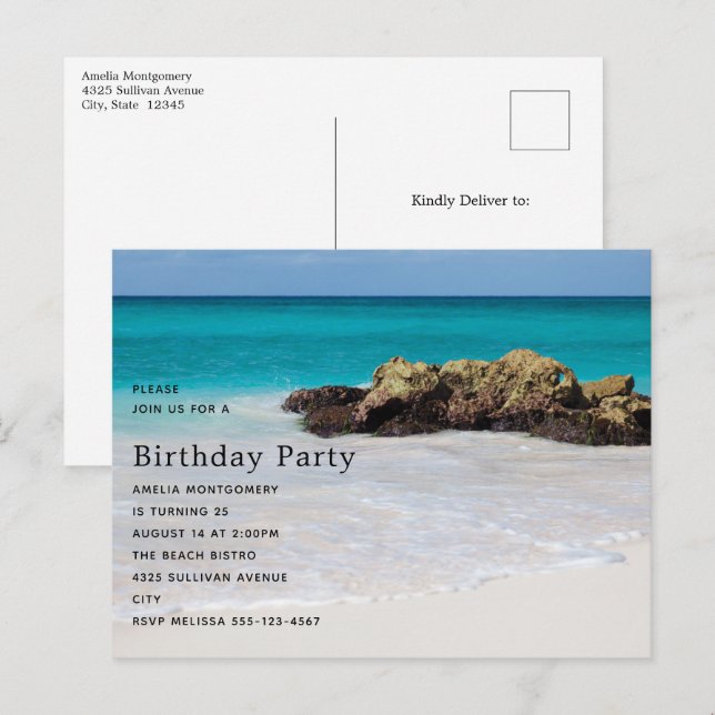 Postal De Invitación Azure Ocean Sandy Beach Photo Birthday (Anverso / Reverso)