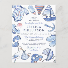 Postal De Invitación Baby Boy Sailor | Baby Shower nautico azul cúrito