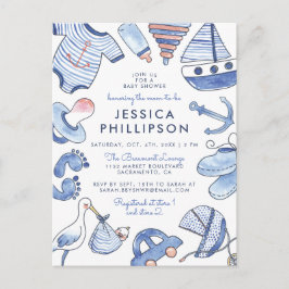 Postal De Invitación Baby Boy Sailor | Baby Shower nautico azul cúrito