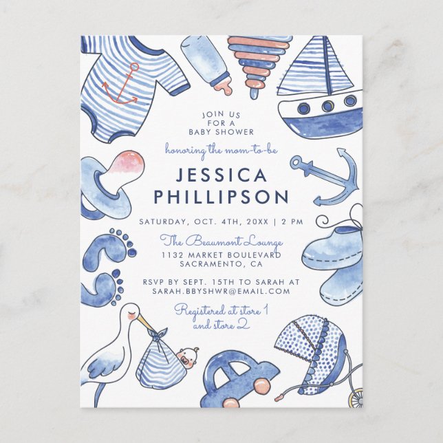 Postal De Invitación Baby Boy Sailor | Baby Shower nautico azul cúrito (Anverso)