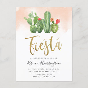 Postal De Invitación Baby Shower Acuarela Rosada y Fiesta de Cactus