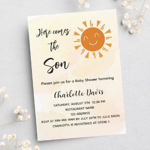 Postal De Invitación Baby Shower aquí viene el hijo sol dorado