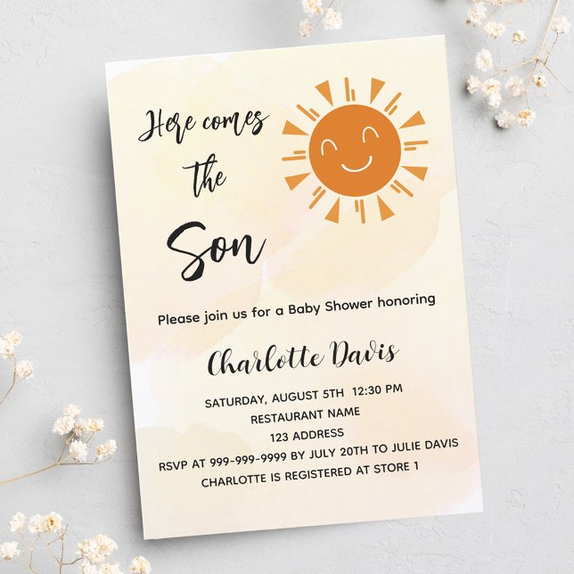 Postal De Invitación Baby Shower aquí viene el hijo sol dorado (Subido por el creador)