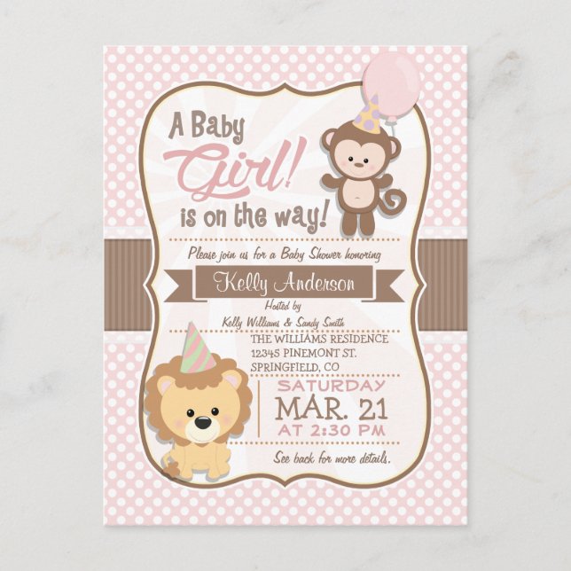 Postal De Invitación Baby Shower Baby Girl Monkey and Lion Pastel (Anverso)