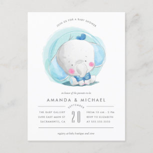 Postal De Invitación Baby Shower banal del muchacho azul del elefante