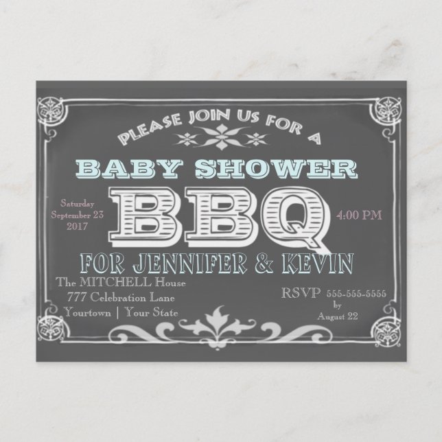 Postal De Invitación Baby Shower | Barbacoa | Pizarra (Anverso)