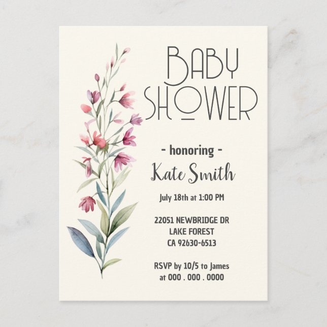 Postal De Invitación Baby Shower Boho de Flor Silvestre (Anverso)