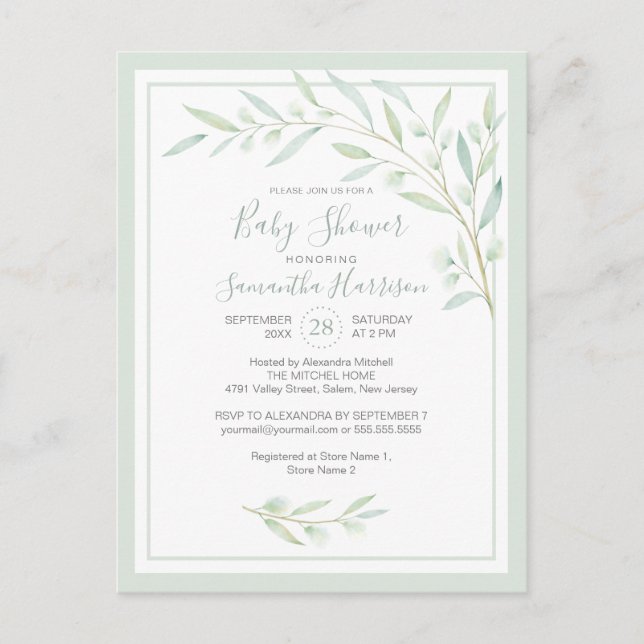 Postal De Invitación Baby Shower Botánico Elegante de Verdor Presupuest (Anverso)