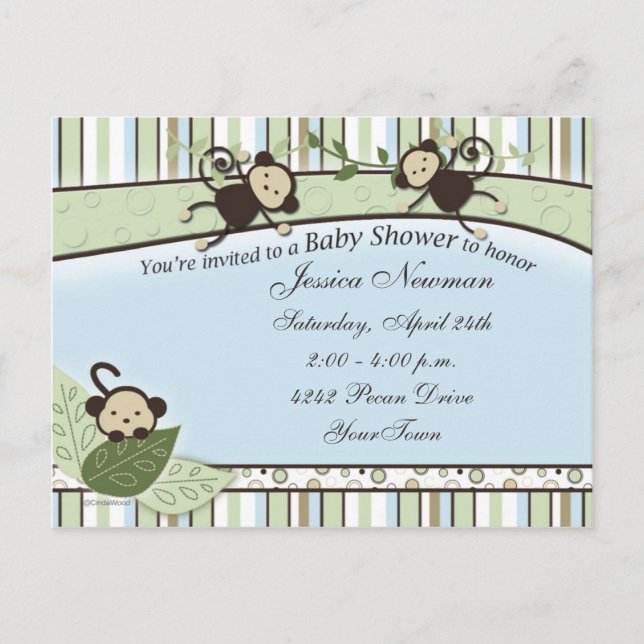 Postal De Invitación Baby Shower con monos, rayas y círculos (Anverso)
