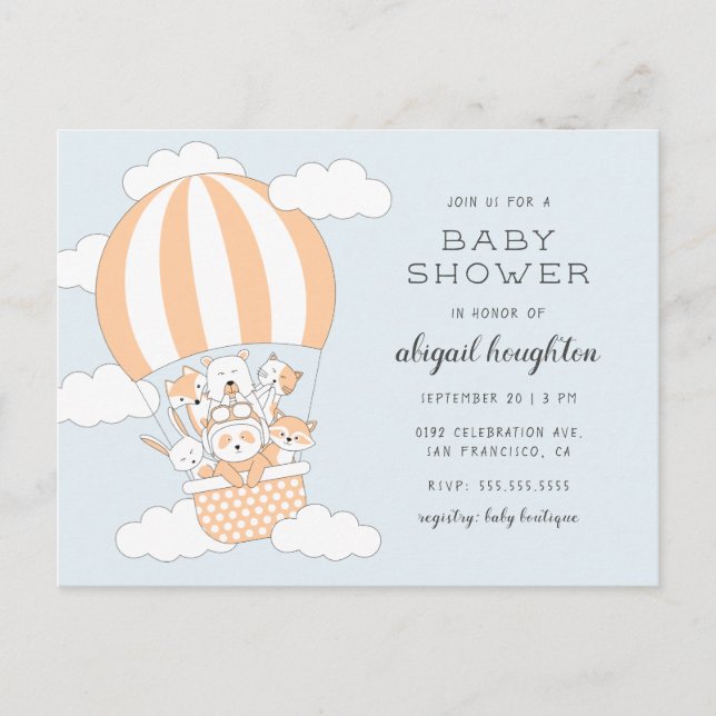 Postal De Invitación Baby Shower con temas de globo aerostático (Anverso)