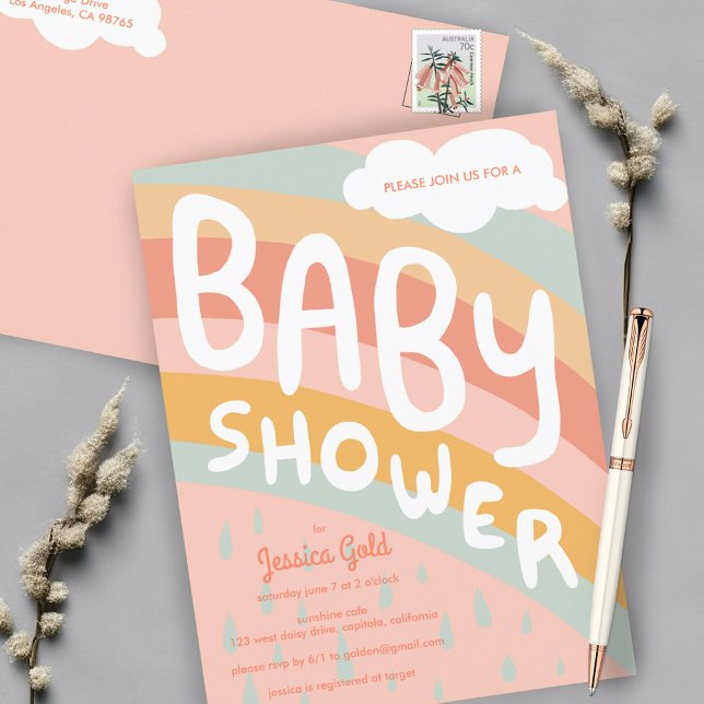 Postal De Invitación BABY SHOWER Cute nubes Personalizado de lluvia arc (BABY SHOWER Cute Clouds Rainbow Rain Custom Invitation Postcard
Pink Girly )
