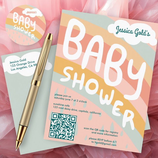 Postal De Invitación BABY SHOWER Cute nubes Rainbow Personalizado QR CÓ (BABY SHOWER Cute Clouds Rainbow Custom QR CODE Invitation Postcard Pink)