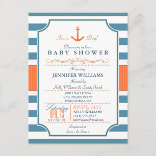 Postal De Invitación Baby Shower de anclaje azul y Naranja
