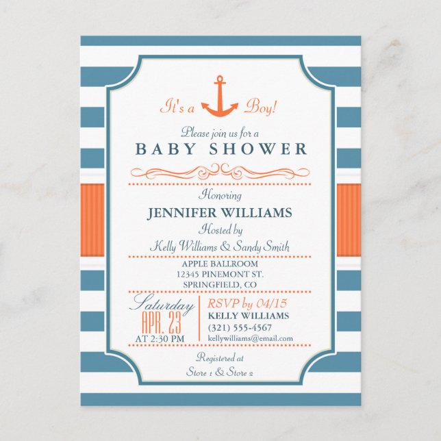 Postal De Invitación Baby Shower de anclaje azul y Naranja (Anverso)