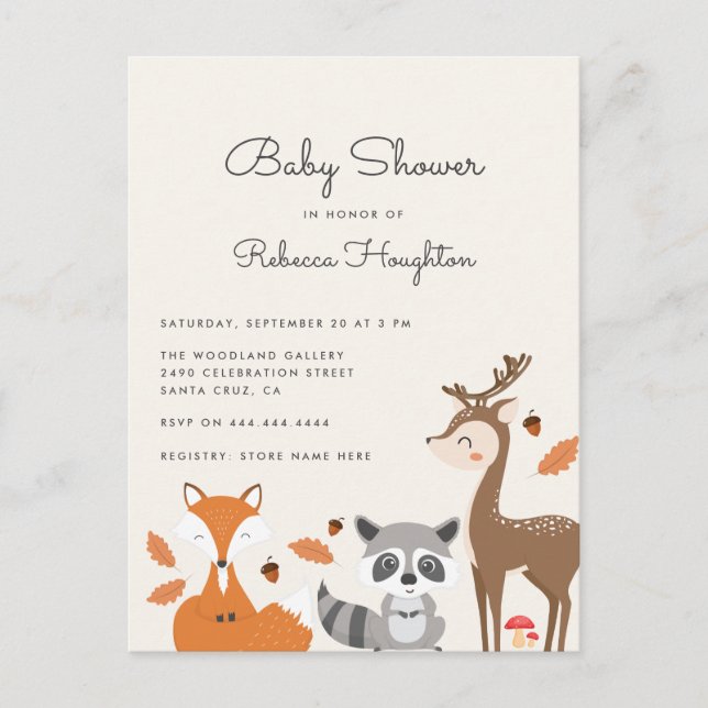 Postal De Invitación Baby Shower de animales de Woodland neutros de gén (Anverso)
