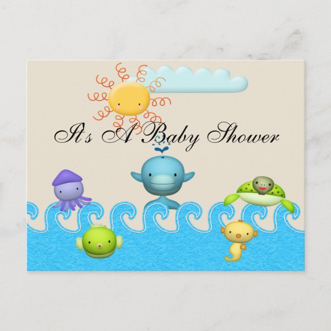 Postal De Invitación Baby Shower de animales del mar de Cute (Anverso)