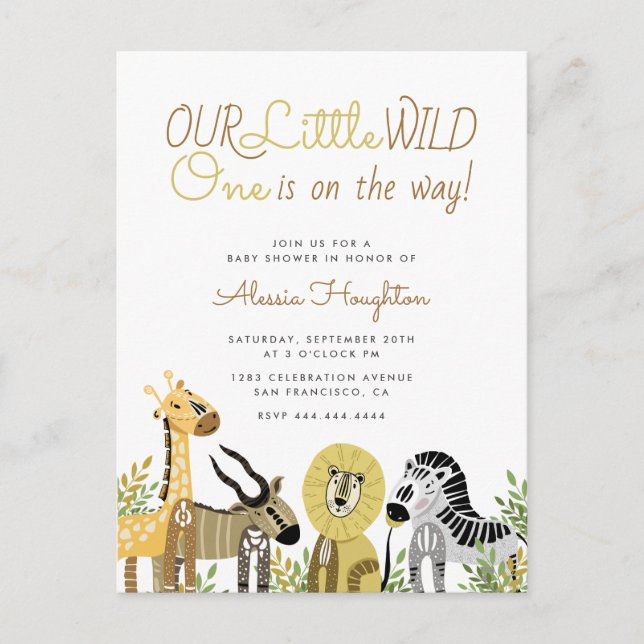 Postal De Invitación Baby Shower de animales salvajes de un Safari (Anverso)