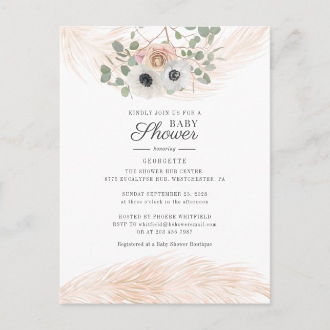 Postal De Invitación Baby Shower de Boho Pampas Grass Floral (Anverso)