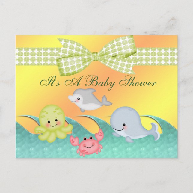 Postal De Invitación Baby Shower de criaturas del mar para bebés alegre (Anverso)