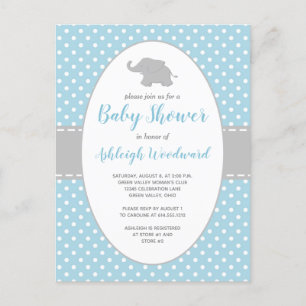 Postal De Invitación Baby Shower de elefante azul de polka dot Boy