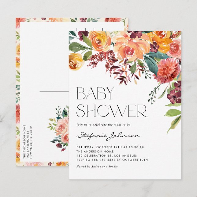 Postal De Invitación Baby Shower de Flores de Caída Rústica Acuarela (Anverso / Reverso)