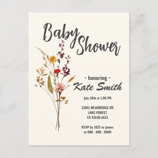 Postal De Invitación Baby Shower de flores silvestres boho (Anverso)