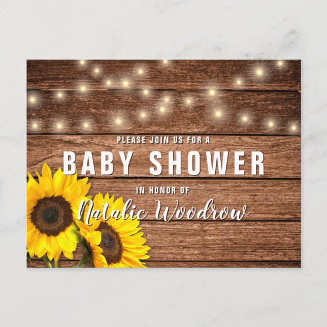 Postal De Invitación Baby Shower de girasol Rustic Wood (Anverso)