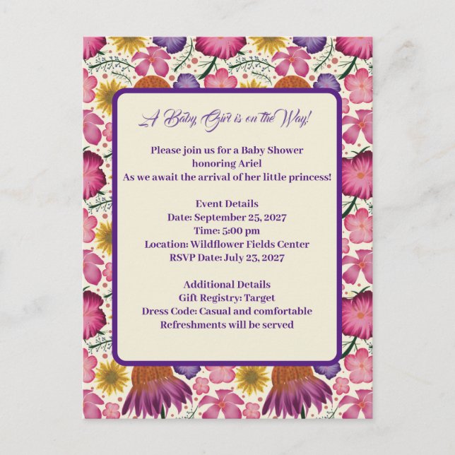 Postal De Invitación Baby Shower de jardín personalizado de flores silv (Anverso)