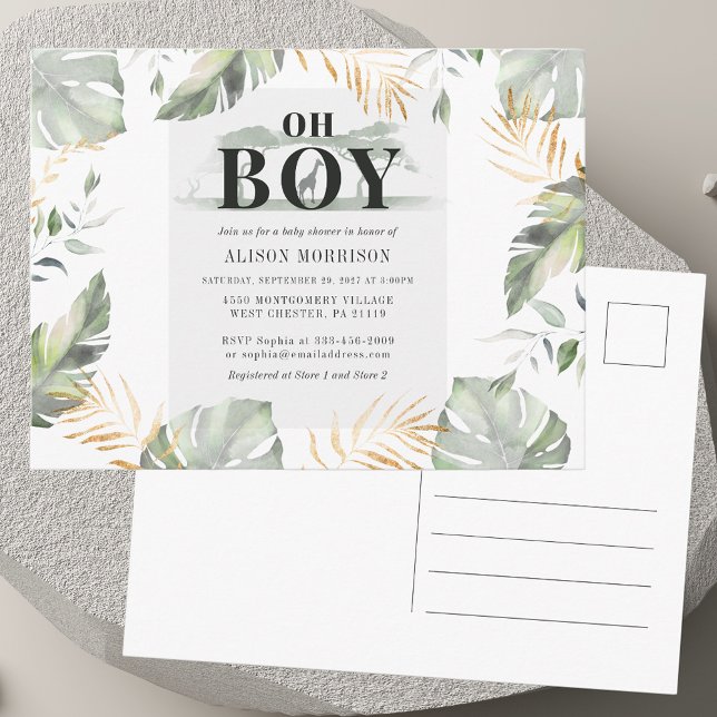 Postal De Invitación Baby Shower de Jungle Safari Boy Giraffe (Jungle Safari Boy Giraffe Baby Shower Invitation Postcard)